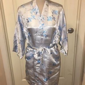 Ming King Blue Satin Floral Kimono Lounge Robe